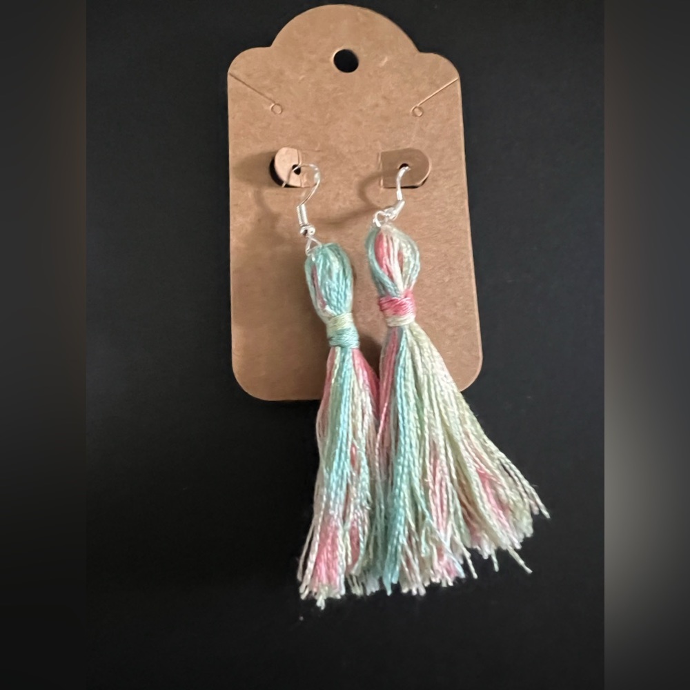 Handmade Macrame Pink, Light Teal and Cream Tassel Earrings